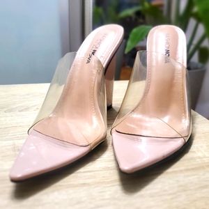 Fashion Nova, The Glass Edge Heeled Sandal, Size 8.5, Nude
